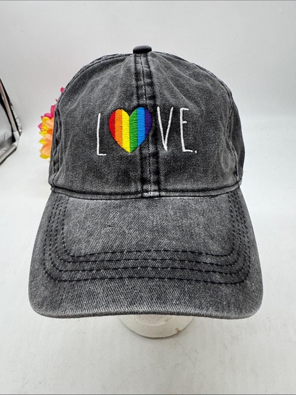 Rae Dunn LOVE Rainbow Heart Embroidered Black Kids Cap